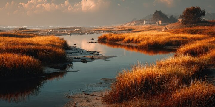 Sunset reflects on tranquil marshland with golden grass along the coast