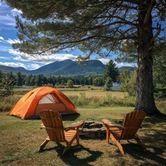 Scenic Adirondack Camping Adventure Tent Fire Pit Chair Tranquil Meadow Pine Tree Mountains Escape