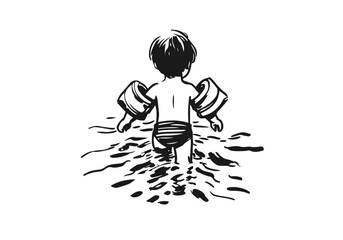 Swimming at sea  hand drawn vector illustration