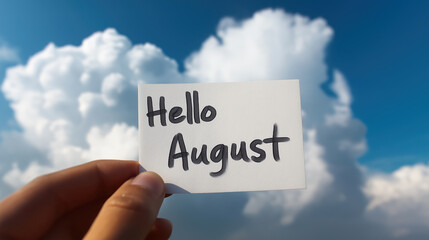 Hand of a woman holding a "Hello August" note card against a background of blue sky and white clouds, welcoming the new month.