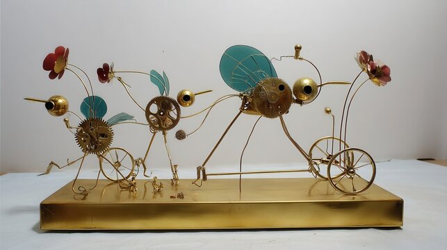 Intricate brass sculpture of whimsical flying insects. - Powered by Adobe
