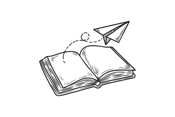 Paper plane flies over book doodle illustration on isolated white background