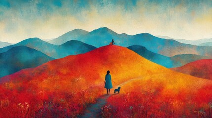 Tranquil landscape painting with figure in blue dress walking dog in nature on vibrant red field