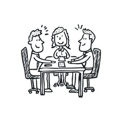 Doodle illustration of a three business people discussing projects on isolated white background