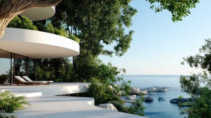 Fototapeta premium A stunning modern coastal home, seamlessly blending architectural beauty with nature, overlooking tranquil waters and lush greenery, ideal for serene living or vacations.