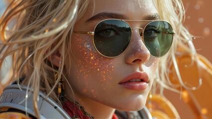 Close-up of Woman Glamorous Wearing Sunglasses With Glitter Against Blurred Warm Background Summer Beauty Concept