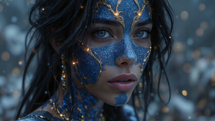 Close-up of Woman Mystical With Blue And Gold Face Paint Against Blurred Bokeh Background Fantasy Art Concept
