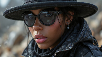  Close-up of Woman Confident Wearing Sunglasses And Hat Against Blurred Outdoor Background Urban Fashion Concept