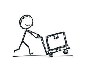 A person pushing delivery cart doodle illustration on white background