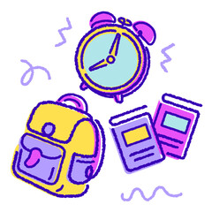 playful education illustration, back to school concept flat outline alarm bag and books handdrawn style