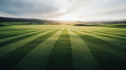 A beautiful sunset casting a warm glow over a meticulously manicured golf course, showcasing the lush greens, rolling hills, and tranquil atmosphere of outdoor leisure.
