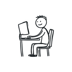 Doodle illustration of a man working on computer on isolated white background