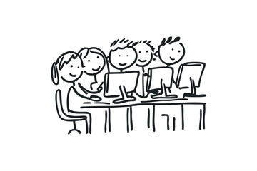Doodle illustration of students using computer on isolated white background