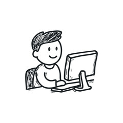 Doodle illustration of a man working on computer on isolated white background