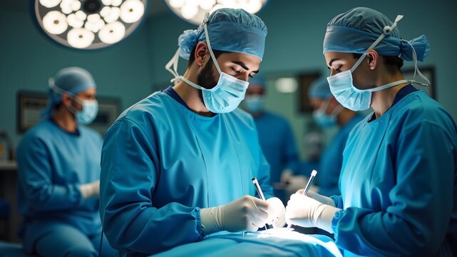 Medical professional in full protective gear during surgical preparation in a modern operating room
