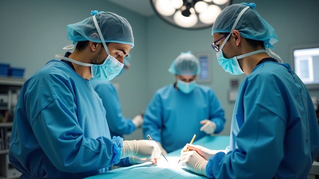 Medical professional in full protective gear during surgical preparation in a modern operating room
 - Powered by Adobe