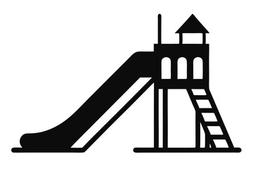 Black Silhouette Illustration of a Children's Playground Slide with Tower and Ladder Access