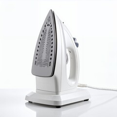 Modern electric iron appliance for garment care stands ready for pressing on white background