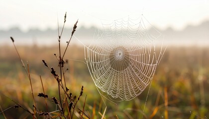 Delicate Spiderweb Covered With Dew Drops In A Misty Field