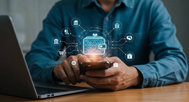 Businessman using mobile phone with digital wallet and online banking icons overlay