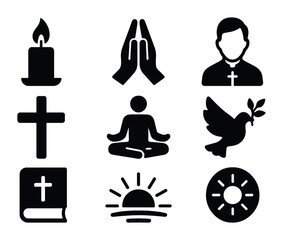 Spiritual Icons Grid. Solid, filled icons set of spiritual care elements: candle, prayer hands, chaplain icon,
