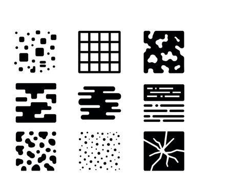 Digital Texture Icons. Solid, filled icons set of digital texture packs: pixel grain, UI grid, shader noise,