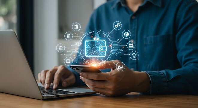 Businessman using mobile phone for digital online payment transactions and financial technology