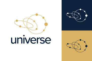 celestial logo. Vector golden logo on which an abstract image of the solar system with planets. Cosmic Galaxy Planetary Logo Design