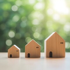 Three wooden house models of increasing size on a wooden surface with a blurred green background