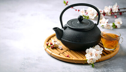 Japanese Cast Iron Tea Pot and Cup with Blossom Still Life