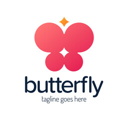 Beauty Circle Butterfly Logo. Pink Butterfly circle shape with simple minimalist star. Design Vector Icon Illustration