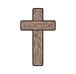 Hand drawn cartoon wooden Christian cross on white background