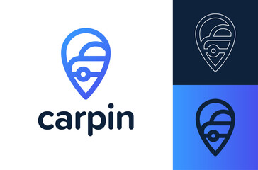 Pin Map Car Location logotype. Auto Pin Car Point Automotive Logo Design Template. for map, apps, and location. line style icon