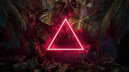 Pink neon triangle glowing amid lush tropical plant leaves at night
