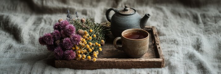 Banner with rustic herbal tea with wildflowers on linen background served in handmade stoneware cup and teapot