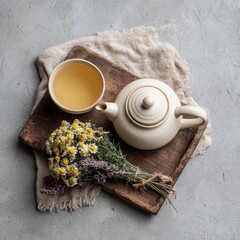 Top view of light chamomile tea with fresh bouquet of flowers and teapot on linen napkin