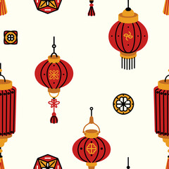 Seamless pattern with red paper lanterns. Repeating tile design with decorative festive Chinese lanterns on white background. Vector illustration.