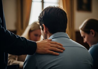 A close-up shot focusing on a supportive hand resting on a person's shoulder. This gesture of comfort and empathy takes place in a somber setting.