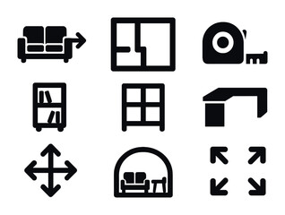Furniture Rearranging Icons. Solid, filled icons set of rearranging furniture for more space: sliding sofa,
