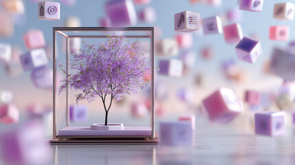 Fototapeta premium Stylized 3D rendering of a blooming pink tree inside a transparent cube, surrounded by floating pastel icons, symbolizing digital nature.