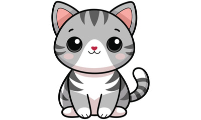Adorable kawaii style cartoon tabby cat sitting with big expressive eyes and pink cheeks perfect for childrens books and cute animal graphics