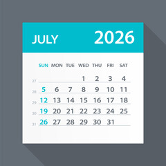 July 2026 Calendar Green Leaf - Vector Illustration