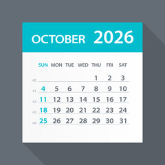 October 2026 Calendar Green Leaf - Vector Illustration