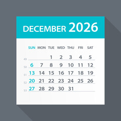 December 2026 Calendar Green Leaf - Vector Illustration