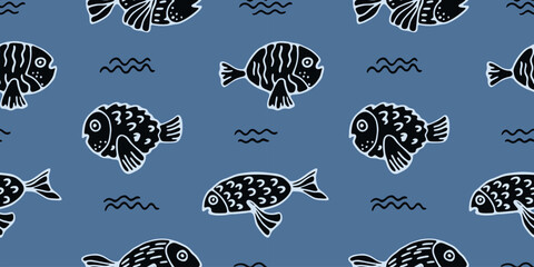 Seamless pattern with simple hand drawn fish. Cute funny fishes swimming on blue background. Funny graphic design surface, textile or wallpaper print with simple fish. Vector illustration.