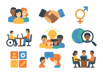 Fototapeta premium Diverse Team Icons. Flat icon set of building diverse teams: multicultural group, handshake, gender equality,