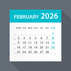 February 2026 Calendar Green Leaf - Vector Illustration. Week starts on Monday
