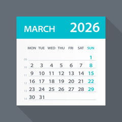 March 2026 Calendar Green Leaf - Vector Illustration. Week starts on Monday