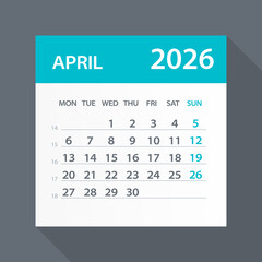 April 2026 Calendar Green Leaf - Vector Illustration. Week starts on Monday