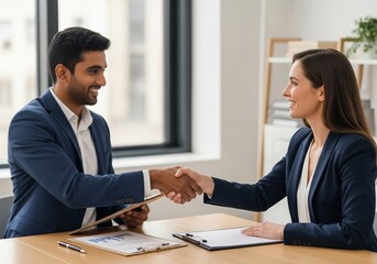 Two diverse business professionals, a man and a woman, smile as they shake hands across a desk to finalize an agreement.